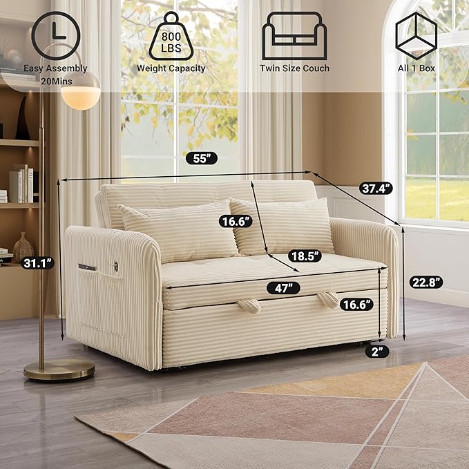 55.5 Corduroy Convertible Sofa Bed Pull Out Sleeper Sofa Bed Loveseat Couch with USB Charging Ports 3 in 1 Convertible Sleeper Sofa Bed for Living Room Apartment Bedroom RV Beige