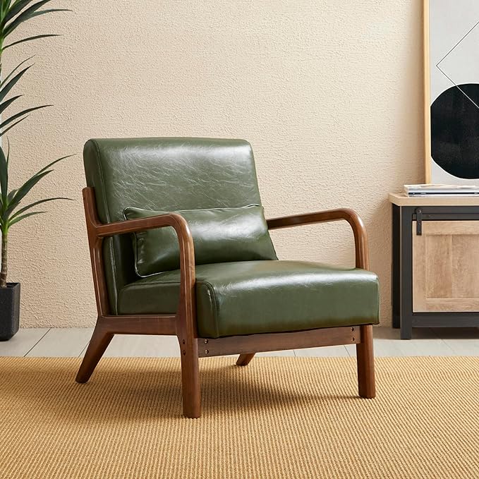 Glitzhome Mid Century Hunter Green Accent Armchair Single Reading Armchair PU Leather Lounge Chair with Walnut Ruberwood Frame