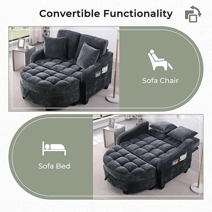 DEINPPA Oversized Accent Sofa Chair with Storage Ottoman Chenille Upholstered Comfy Chair with Throw Pillows for Living Room Reading Room Bedroom-Black