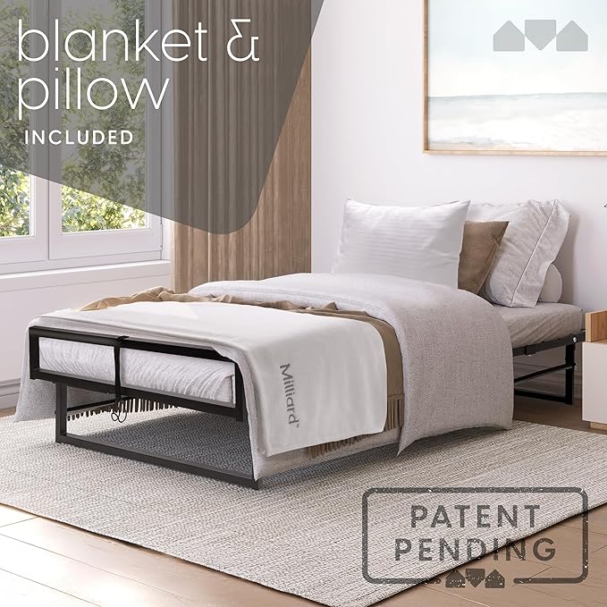 Milliard Deluxe Presidential Folding Bed with Mattress for Adults Twin Size Portable Foldable Bed with Bonus Pillow and Blanket Included 77” x 38 Fold Up Roll Away &amp Hideaway