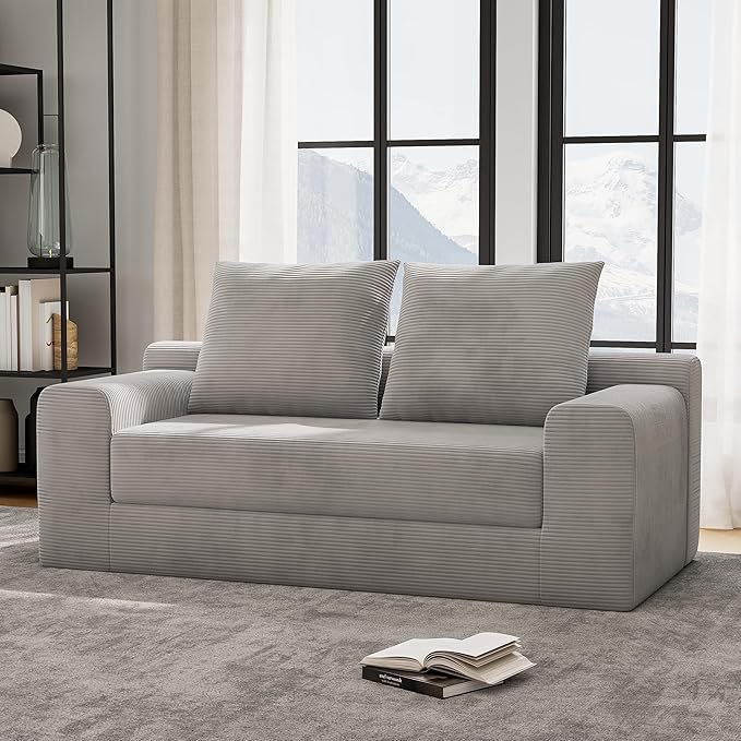 Modern Loveseat Sofa for Living Room 71 Cofy 3-Seater Couch Pull Out Sofa Bed with 2 Pillows Corduroy Boneless Convertible Couch for Small Space Apartment Grey
