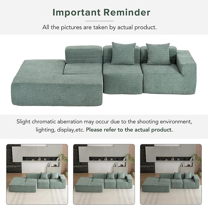 Merax 116.5 Minimalist Cloud Sectional Couch with L-Shape Chaise Green Modern Modular Sofa with Deep Seat Convertible 4 Seat Sleeper Couches Set for Living Room No Assembly Required Green