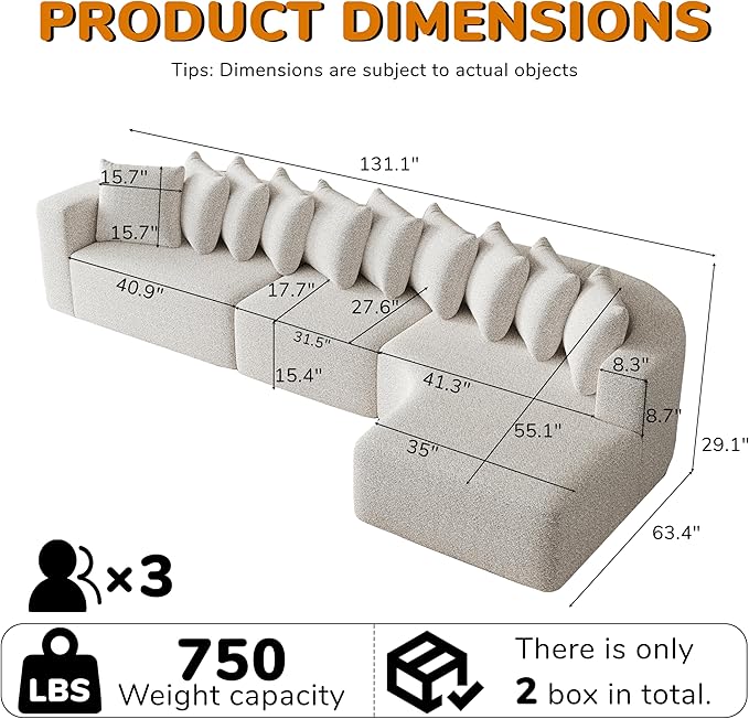 131 Boneless Chenille Sectional L-Shaped Sofa Modern Cloud-Shaped Curved 3-Seater Sofa Includes 10 Pillows Living Room Fabric Corner Couch (Light Khaki 131 Right Chaise)