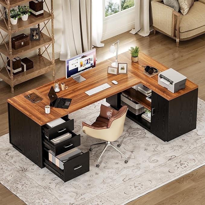 LITTLE TREE 87-Inch Modern Executive Desk with File Cabinet Large Home Office Desk with Drawers 3-Drawer Wooden File Cabinet Spacious Workstation for Home Office (Brown &amp Black)