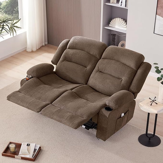 Oversized Recliner Sofa with Heat and Massage Big Large 2-Seater RV Recliner Couch Sofa for Living Room Wall-Hugger Reclining Sofa with Cup Holders and USB Port(Fabric Brown)
