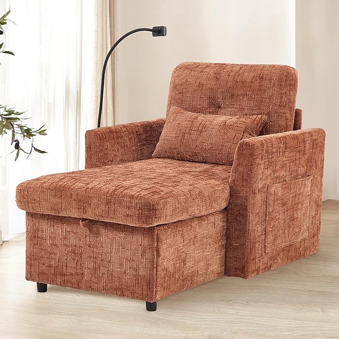 HOMEFUN Sleeper Chair Bed Lazy-Friendly Indoor Chaise Lounge with Storage Cell Phone Bracket Multifunctional Sofa for Bedroom Living Room Small Space Adults