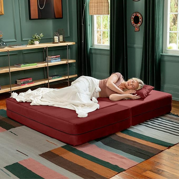 Jaxx Zipline Convertible Sleeper Loveseat &amp Ottomans Textured Microvelvet - Berry Red