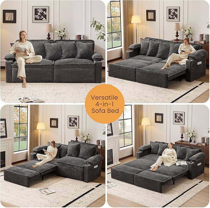 83 King Size Pull Out Sofa Bed 4-in-1 Convertible Sleeper Sofa Bed with USB Ports Cup Holders Side Pockets Corduroy Pull Out Couch Loveseat Chaise for Living Room Small Space (Dark Gray)