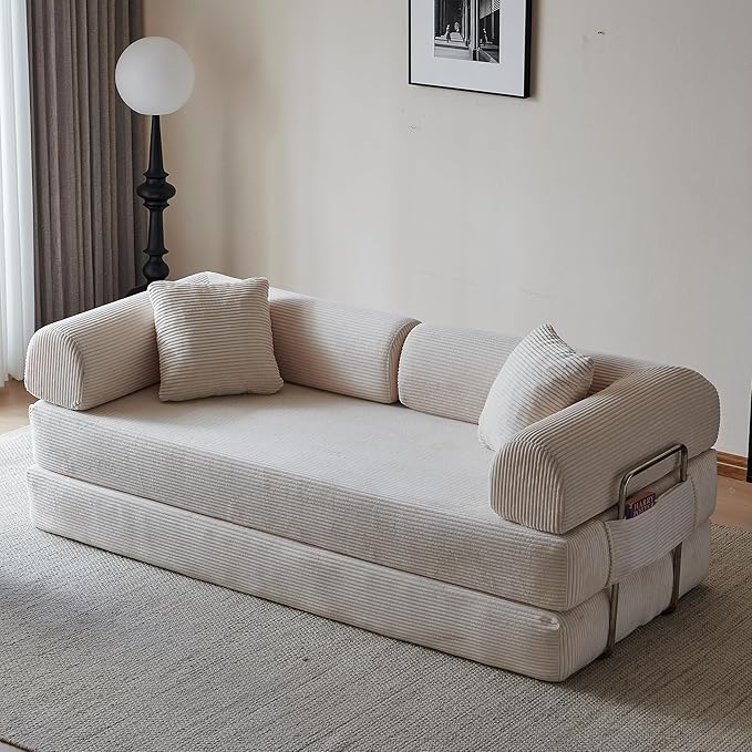 79 Convertible Sleeper Sofa Bed Modern Corduroy Floor Couch Bed with Fixed-Shape Frame Modular Sofa Couch with Pull Out Bed Boneless Loveseat Sleeper Couches for Living Room Beige
