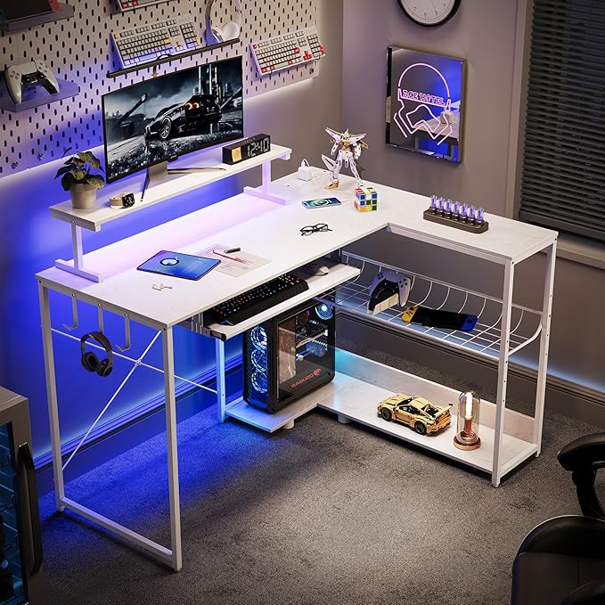 L Shaped Gaming Desk with Power Outlets &amp RGB Lights 46'' L- Shaped Desk Computer Corner Desk with Monitor Stand &amp Storage Shelf &amp Hook Home Office Desk Writing Desk White