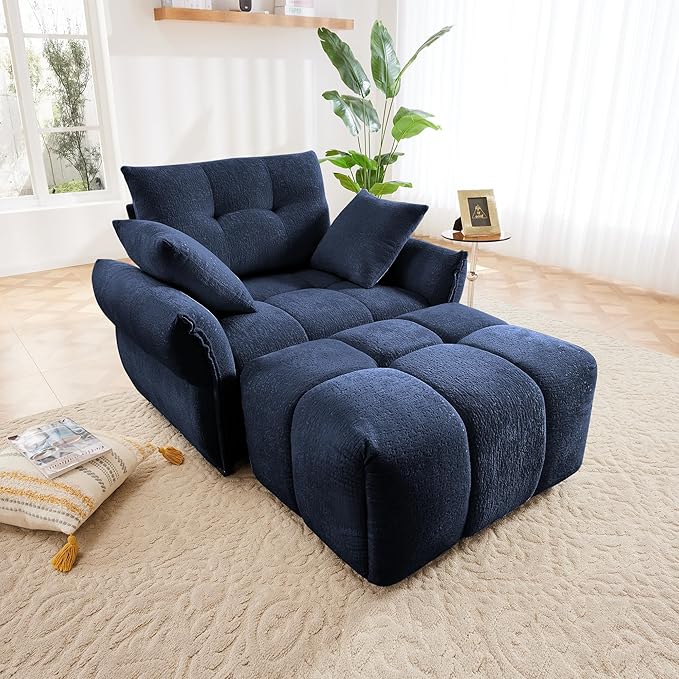 Aoowow Modular Sectional Sofa Chair with Movable Ottoman 47” Modern Chenille Single Seater Sofa Upholstered Sofa Couches for Living Room Apartment BedroomBlue