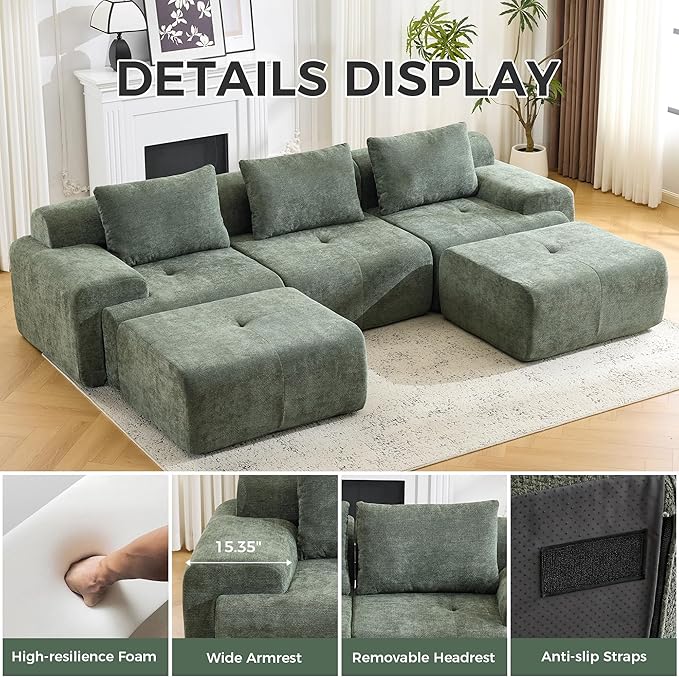 120.5 Modular Sectional Sofa Chenille Upholstered Boneless Couch Modern Deep Seat Cloud Sectional Couches for Living Room Oversized U-Shaped Couch with 2 Ottoman No Assembly Green