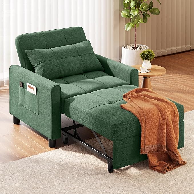 Ahomly Convertible Sleeper Chair Sofa Bed with 3-in-1 Design Adjustable Backrest and Storage Pocket for Living Room Green