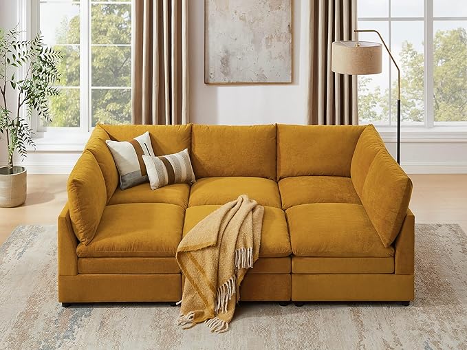 VANOMi 98 Cloud Modular Sectional Sofa Couches for Living Room Oversized Modern Sleeper Sofa with Deep Seat Double-Layer Thick Cushion Movable Ottoman Convertible Upholstered Sofa Set Curry