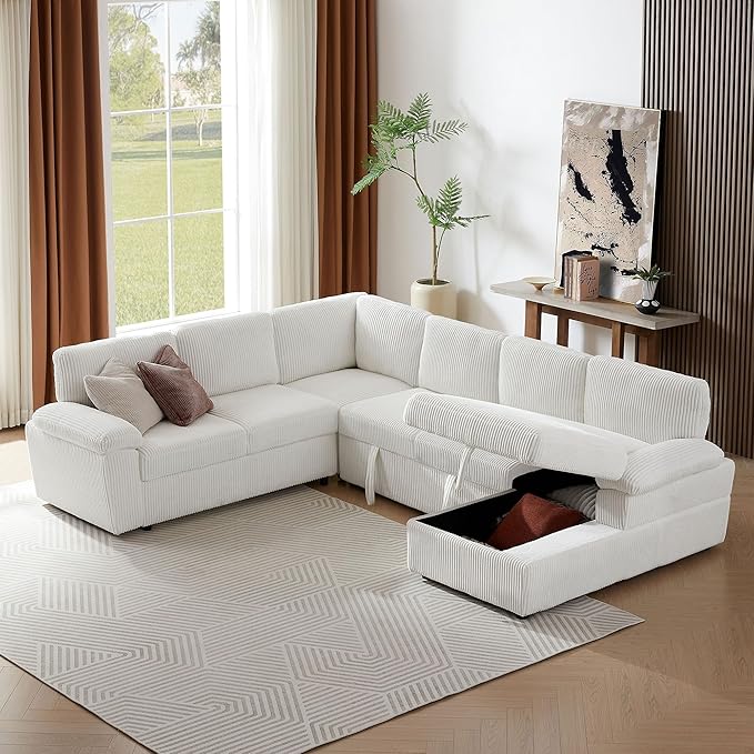 KEIKI 118 L-Shaped Oversized Modular Corduroy Sectional Sofa with Right Chaise Lounge Pull-Out Bed Upholstered Convertible 4-Seater Couch with Storage Seat Easy Assembly for Living Room Beige