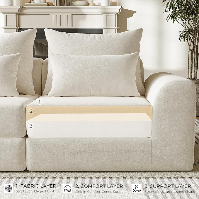 Modular loveseat with Ottoman L-Shape Boneless Couch Customizable Sectional Couch Free Combination Design Sleeper Sofa Cloud Mist