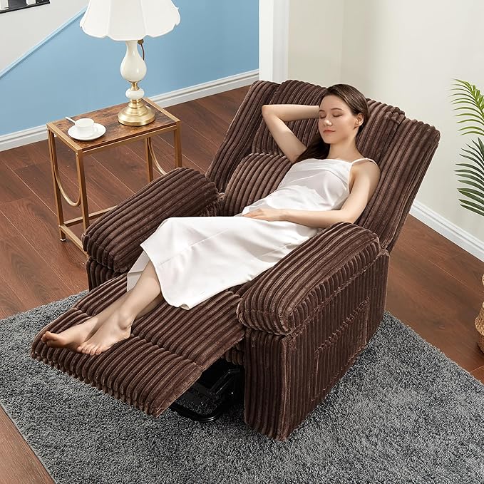Garvee Corduroy Recliner Chair Manual Recliner Sofa with Handle Pillow Top Arms Thick Padding Side Pocket 330Lbs Capacity Adjustable Recliner for Living Room Bedroom Home Theater Brown