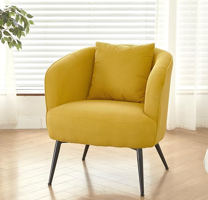 Modern Channel Corduroy Accent Chair with Black Metal Legs Luxurious Design and Comfortable Seating Ideal for Living Room Bedroom or Office Yellow