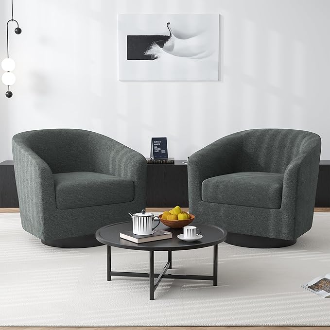 Swivel Barrel Accent Chair Modern Round Chenille Fabric Arm Chair for Living Room Bedroom Comfy Club Reading Chairs for Adults（Chenille Fabric Grey Set of 2
