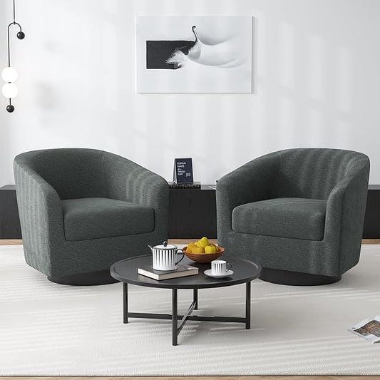 Swivel Barrel Accent Chair Modern Round Chenille Fabric Arm Chair for Living Room Bedroom Comfy Club Reading Chairs for Adults（Chenille Fabric Grey Set of 2