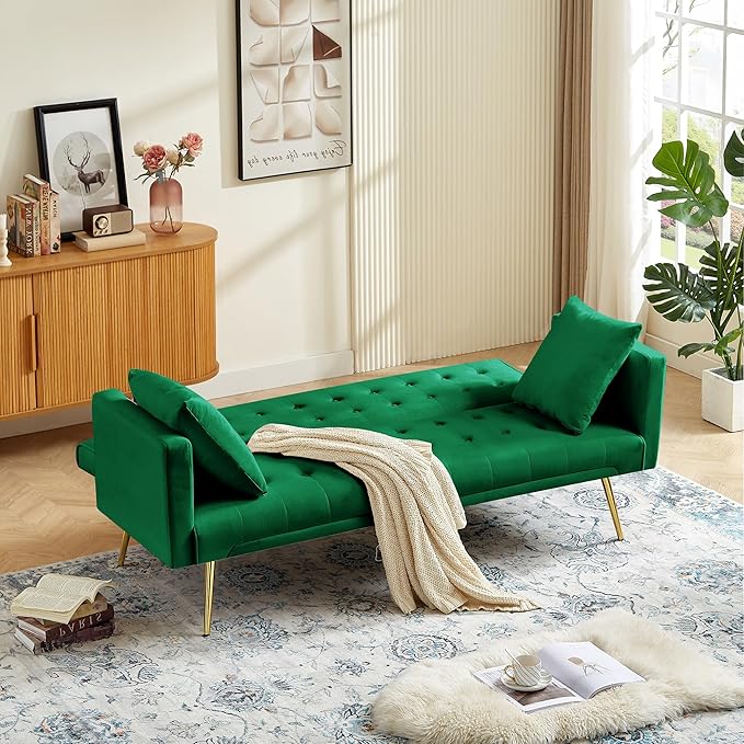 Anwick Modern Velvet Futon Sofa Bed: 72 Satin Convertible 2 Pillows Tufted Back Golden Metal Legs Folding Sleeper Loveseat for Small Space Home Office Living Room (Green)