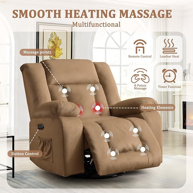 Rocker Recliner Chairs for Adults Swivel Rocking Chair with Heat and Massage Modern Electric Recliner with Extra Wide Waffle Fabric Massage Chair Recliner for Living Room Bedroom