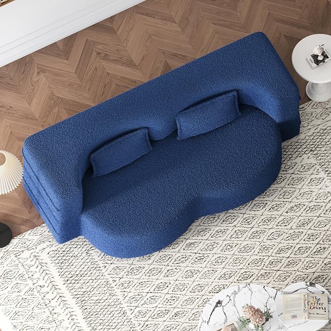 2 in 1 Folding Floor Couch Sofa Bed with 2 Pillows Teddy Fabric Foam-Filled Convertible Sleeper Sofa Full Mattress for Living Room Guestroom No AssemblyBlue Required Sofa Bed