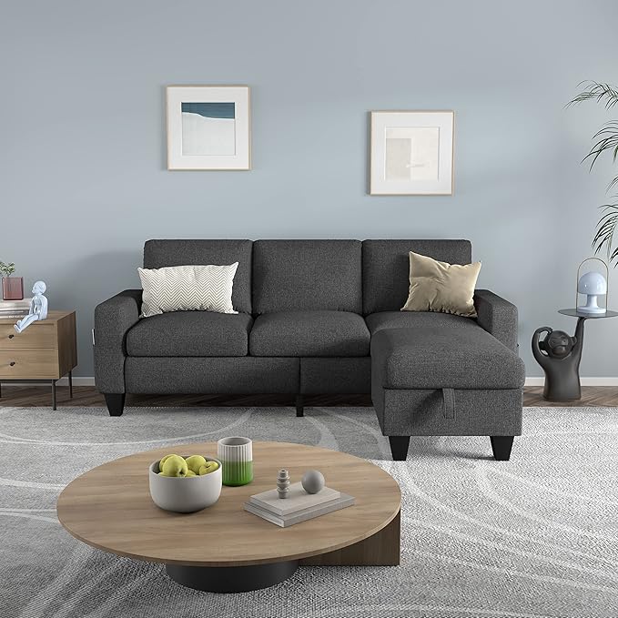 78'' Convertible Sectional Sofa Couch: Dark Grey 3 Seat L-Shaped Sofa Couches with Storage Ottoman and Pockets - Modern Linen Upholstered Sofa Couch Sets for Living Room Office Apartment Small Space