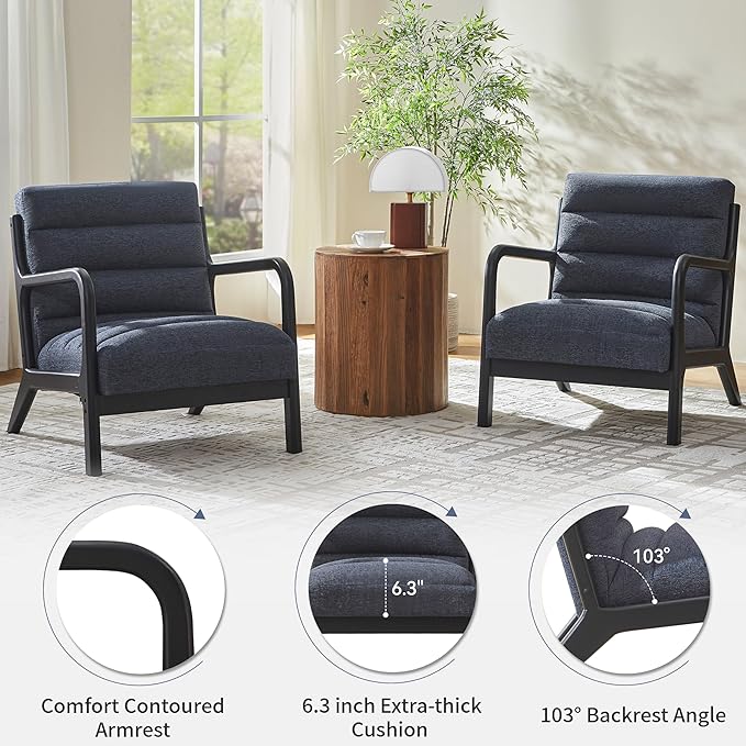 VKNOW Accent Chairs with Rubberwood Frame Accent Chairs Set of 2 Mid-Century Modern Upholstered Reading Armchair High Back Lounge Armchair Living Room Chair for Bedroom Reading Room Dark Blue