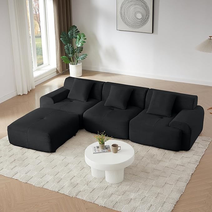 113 Cloud Compressed Modular Sectional Sofa Boneless Couch for Living Room Modern Corduroy Upholstered L-Shaped Corner Couch with Reversible Ottoman for Apartment | Deep Seat Wider Armrest Free Co