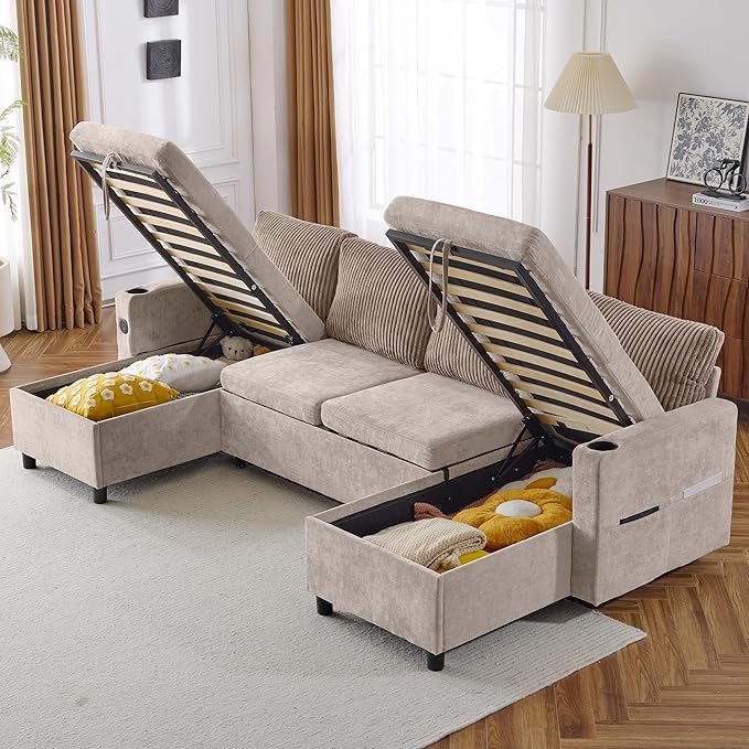 Merax Pull-Out Sofa Bed Sleeper Pull Out Sectional Couch with Storage USB Cup Holder for Apartment Living Room Brown