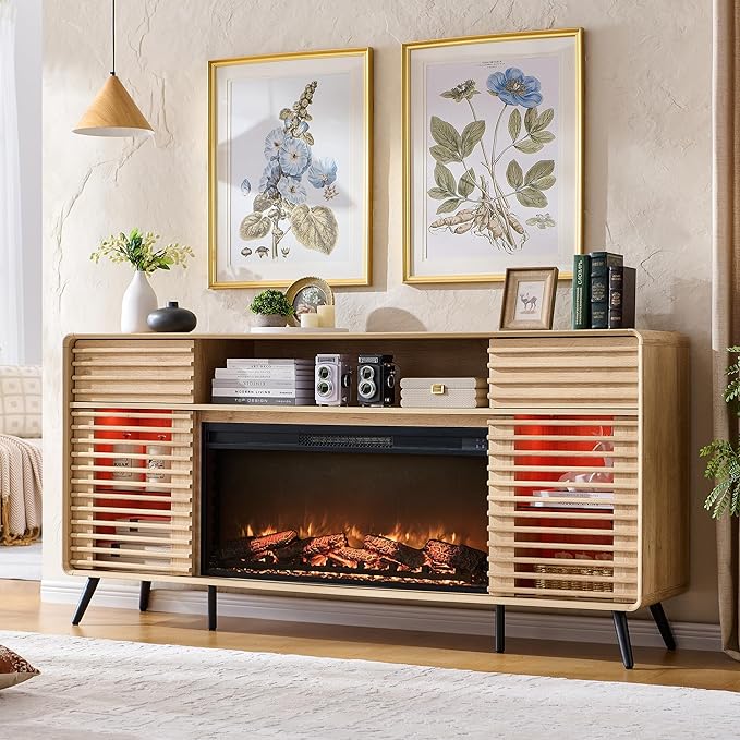 RedLemon Fireplace TV Stand for 80 Inch TV Mid Century Modern Entertainment Center with 36 Electric Fireplace &amp Led Lights Wood Media Console w/Slatted Sliding Doors for Living Room Natural Oa