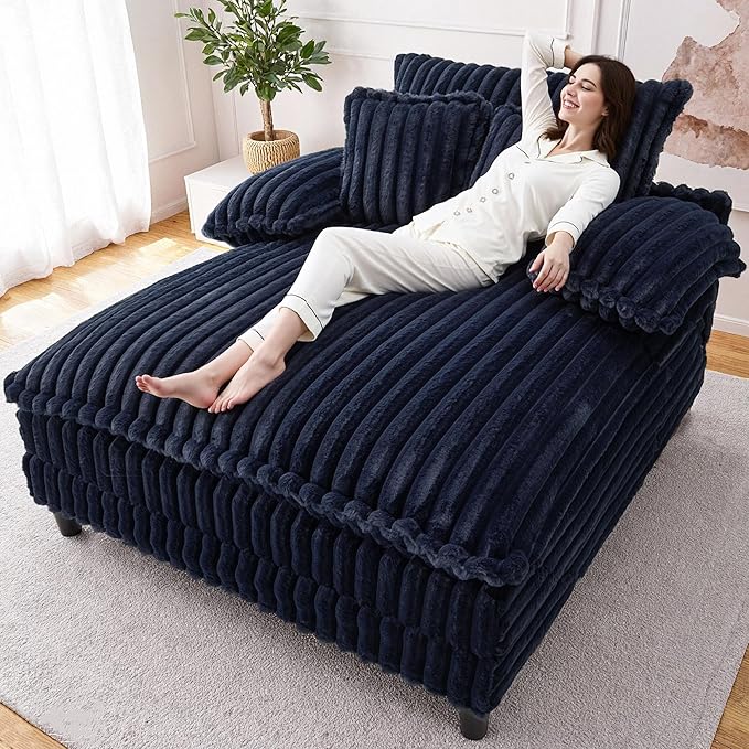 55 W Oversized Chaise Lounge Sofa Couch with 5-Position Adjustable Backrest Plush Sleeper Chair Sofa Bed Reading Chair ‌with Deep Seat Cloud Couches for Living Room Bedroom Blue