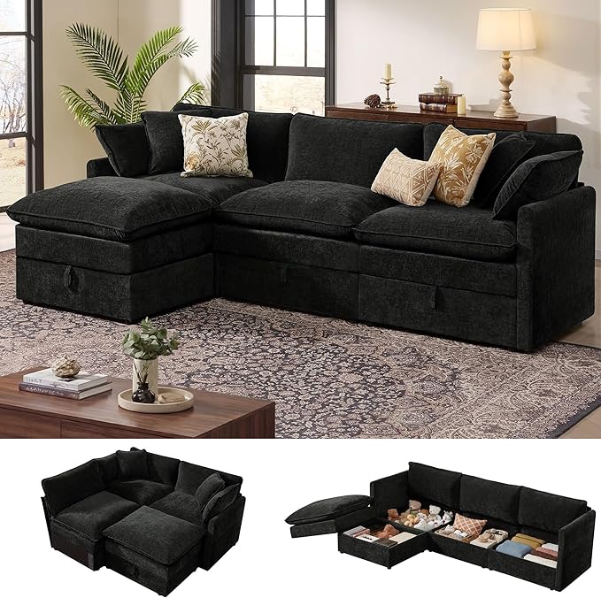 Ihanherry 103 Modular Sectional Sofa with Storage L Shaped Cloud Couch with Movable Ottomans &amp 4 Pillows Chenille Deep Seat Sectional Couches for Living Room Apartment (Black)