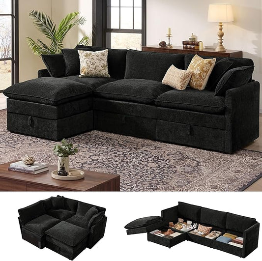 Ihanherry 103 Modular Sectional Sofa with Storage L Shaped Cloud Couch with Movable Ottomans &amp 4 Pillows Chenille Deep Seat Sectional Couches for Living Room Apartment (Black)