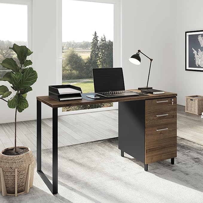 Modern Design Milano Office Computer Desk with 3 Locking Drawers 48 Inch Walnut and Black Industrial Wood Desk with Filing Drawer and Storage by Crafts and Comfort