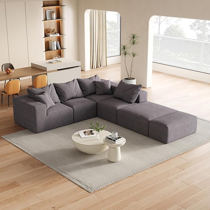 KEIKI 132 Boneless Sofa with Ottoman L Shaped Corner Couch Upholstered Corduroy Free Combination Sectional Couch for Living Room Bedroom Gray