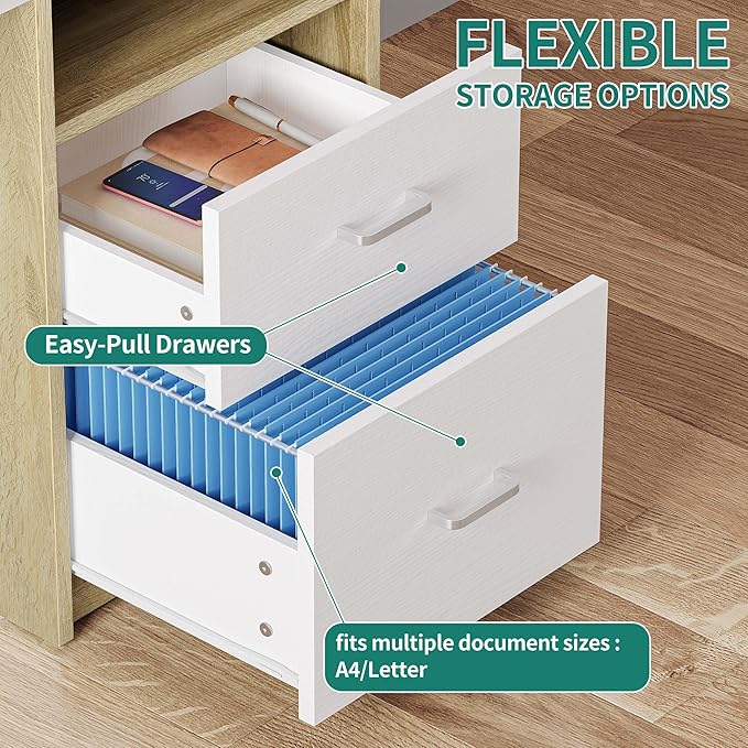 YITAHOME Computer Desk with Drawers 47.2 Office Desk with Power Outlets &amp LED Light Home Office Desk with Storage Shelves White &amp Oak