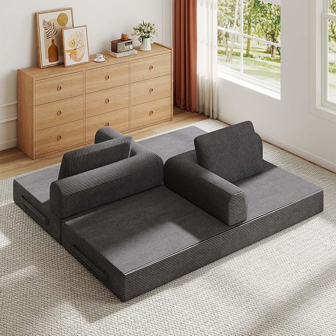 Convertible Sleeper Sofa Bed 3-Seat Corduroy Futon Couch with Cylindrical Pillow Foldable Mattress for Living Room &amp Bedroom 79 Inch Multi-Functional Sofa (Dark Gray)