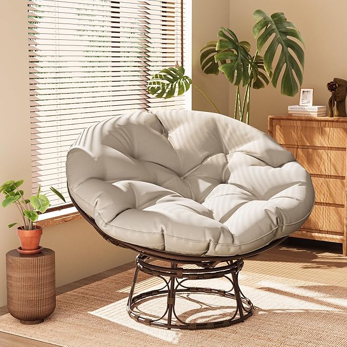 46'' Large Size Papasan Chair (Non-Swivel) with Cushion and Frame Lazy Circle Round Chair for Bedroom and Living Room Beige