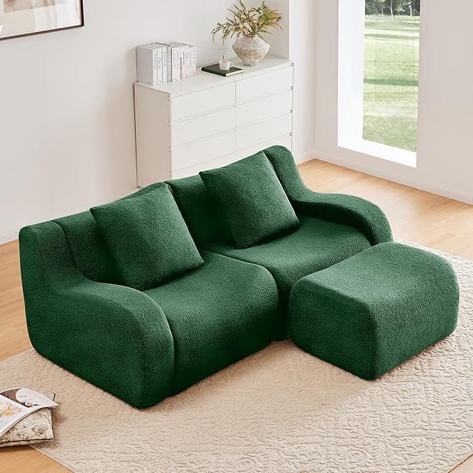 82.7'' Modular Sectional Sofa Boneless Couch L Shaped Sectional Couches for Living Room with Deep Seat and Ottoman Comfy Teddy Cloud Couch Loveseat Small Couches for Small Spaces Green