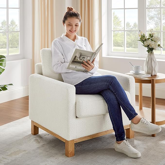 VANOMi Accent Chair 29.5 Reading Chair Modern Living Room Chair with Thick Cushion&ampWood Base Comfy Upholstered Boucle Armchair Single Sofa for Bedroom Office White
