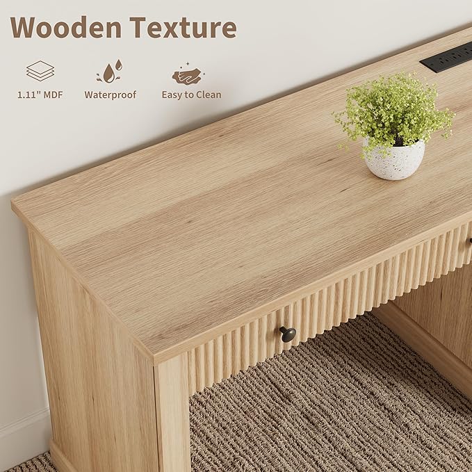 GAOMON 54'' Fluted Home Office Desk with Storage Modern Executive Desk with Charging Station Wooden Computer Desk with Drawers for Storage File Writing Desk for Study Living Room Bedroom