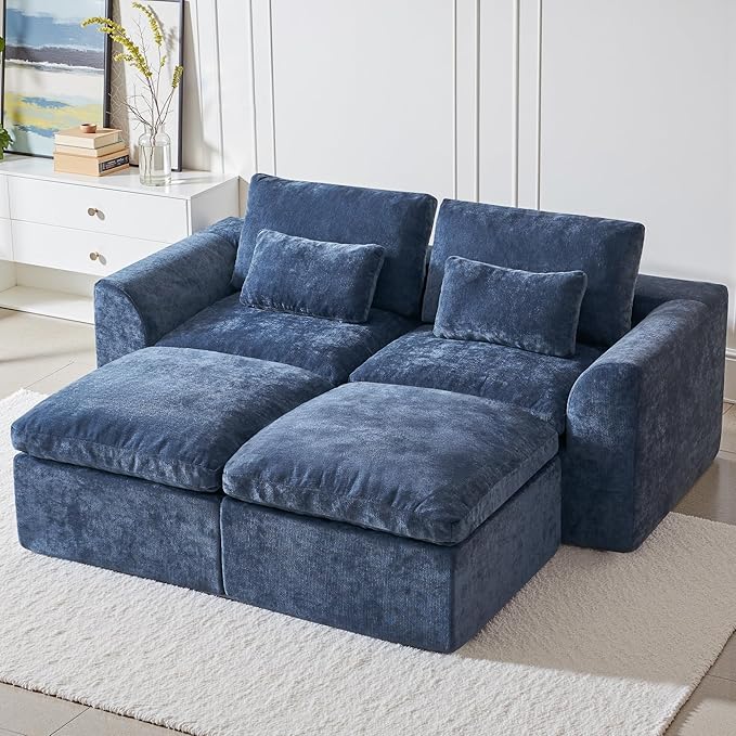 Modern Sectional Cloud Couch - 120'' Soft Modular Sectional Sofa – No Assembly Required - Deep Seat Couches with 2 Movable Ottomans - Oversized Chenille Sofa for Living Room - Blue