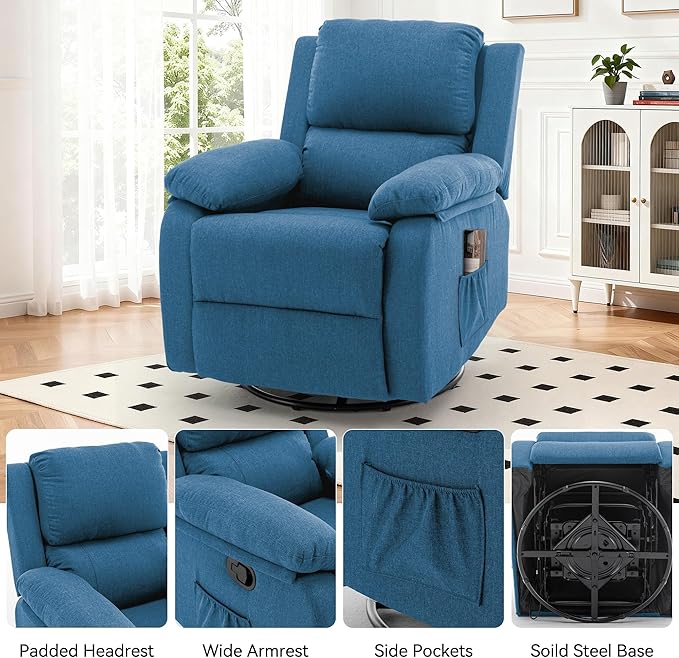 Recliner Chair 360 Swivel Rocker Chair for Adults Small Rocking Recliner for Small Spaces Upholstered Fabric Glider Recliner Nursery