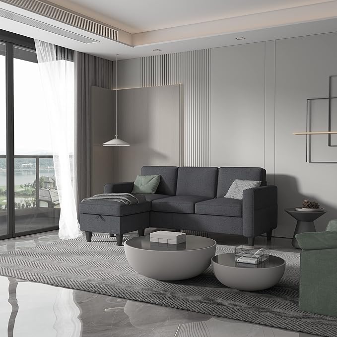 Dark Grey Convertible Sectional Sofa CouchModern Linen Fabric Upholstered L-Shaped Sofa Couch with Armrest Pockets3-Seat Sofa with Reversible Storage Ottoman for Living Room Small Space Apartment