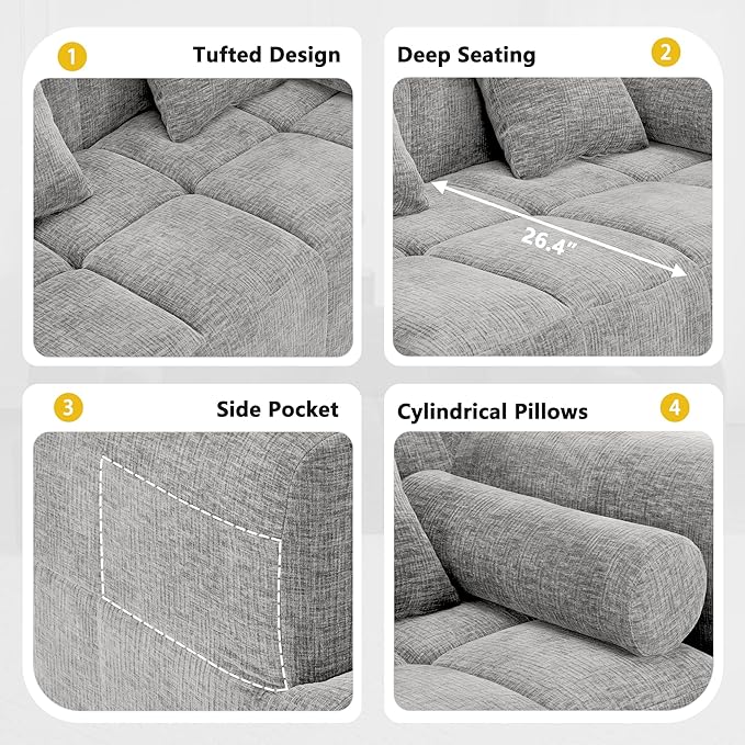 101.2 Sectional Sofa Full-Compressed Modular Couch Free-Combined Sofa with Deep Seating and Two Side Pockets for Living Room Light Grey