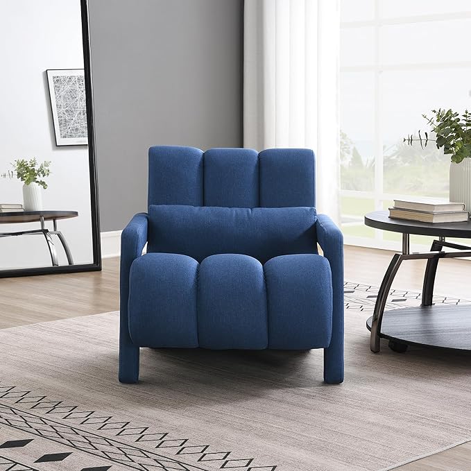 Modern Upholstered Accent Chair Comfortable Linen Fabric with a Pillow for Living RoomBedroom. Linen Blue