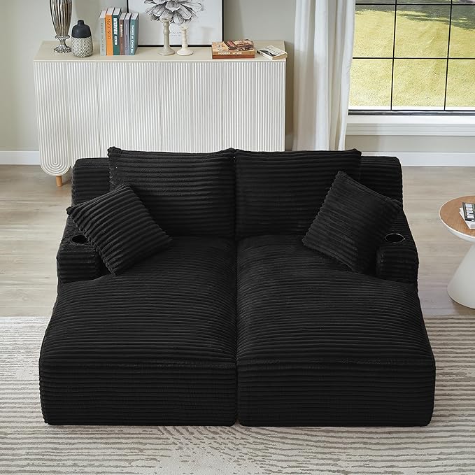 KEIKI Compressible Double Chaise Lounge with Cupholders Fluffy Corduroy Sleeper Loveseat for Living Room Relaxation Boneless Chaise Lounge Indoor with Spring Padding No Assembly Required
