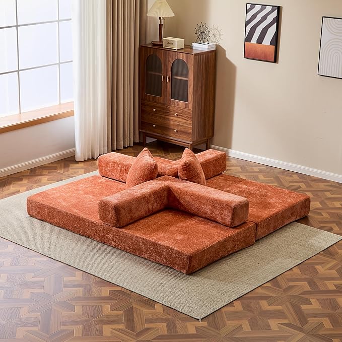 Folding Convertible Sofa Bed 4-in-1 Boneless Couch Sleeper Sofa 76.8'' Chenille Foldable Mattress Couch with Fixed-Shape Frame Floor Sofas Modular Futon Couches for Living Room Orange
